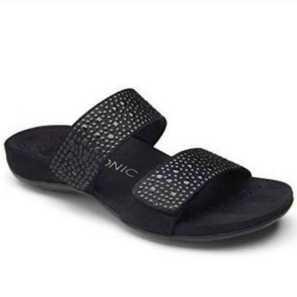 Vionic Rest Samoa Embellished Studded Black Suede Leather Double Strap Sandals - Picture 1 of 8